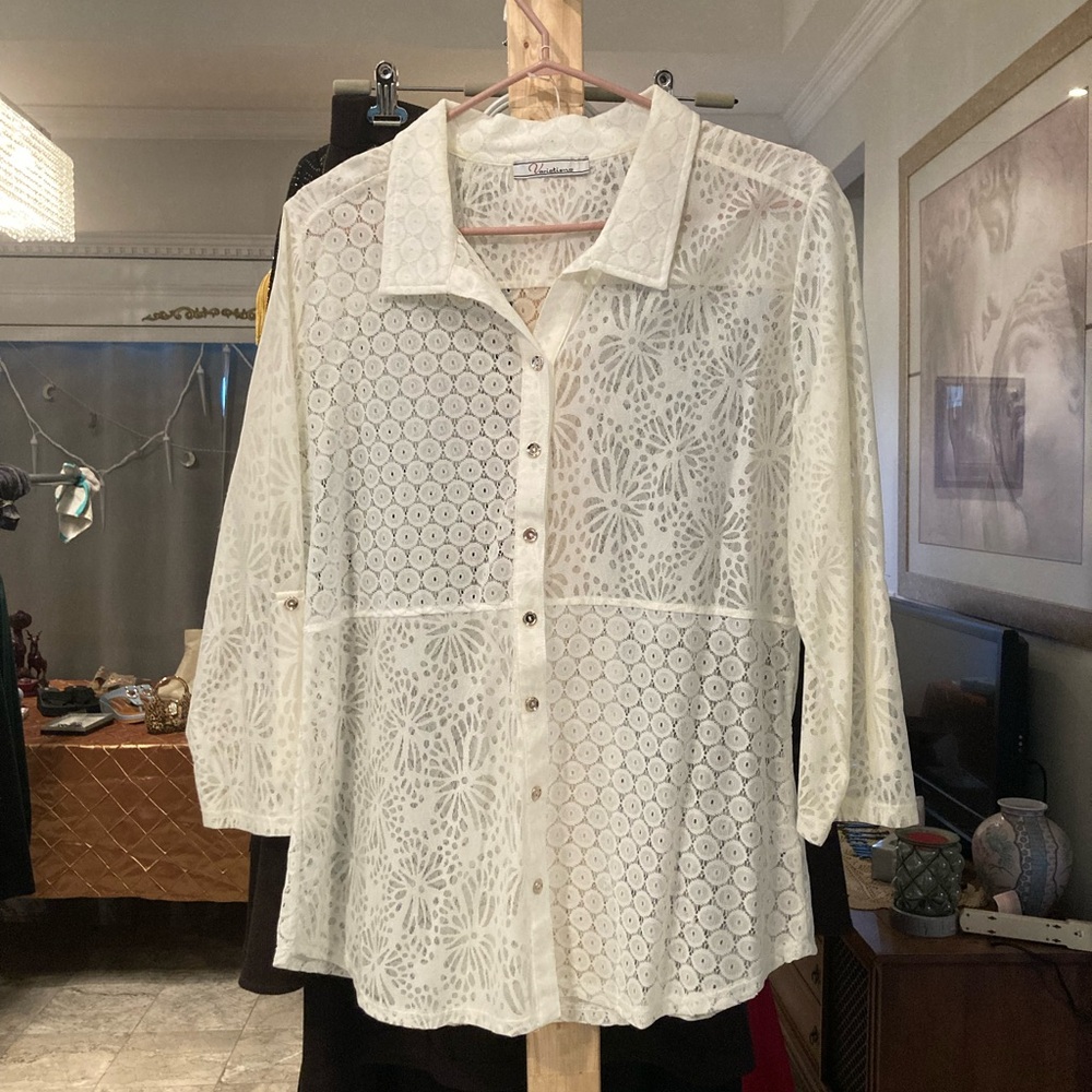 Women's White Lace Button-Up Top